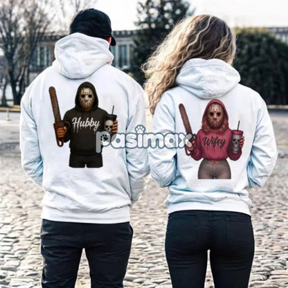 Wifey & Hubby Jason Hoodie – Halloween Couple Outfits, Spooky Wife Husband Pullover