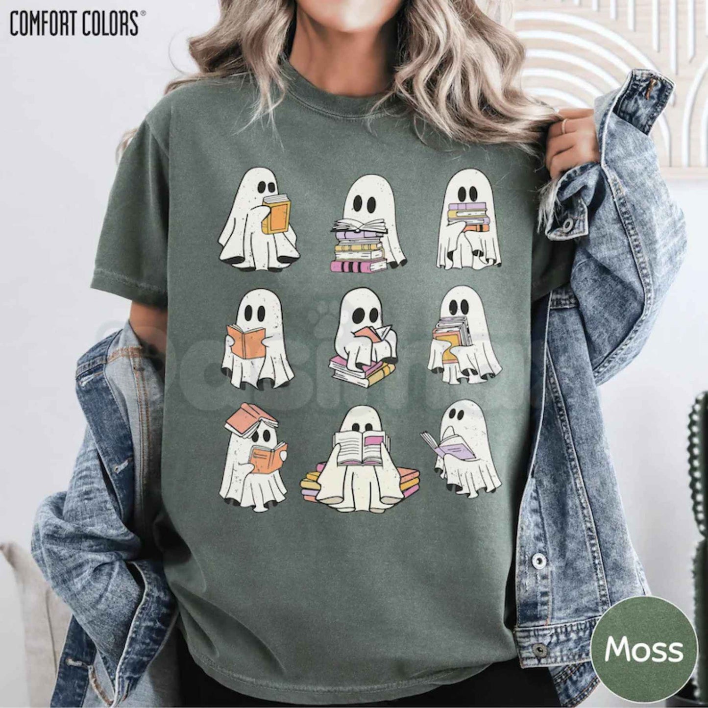 Comfort Colors® Ghost Reading Book T-Shirt – Girly Bookish Halloween Teacher & Librarian Graphic Tee, Cozy Fall Unisex Top