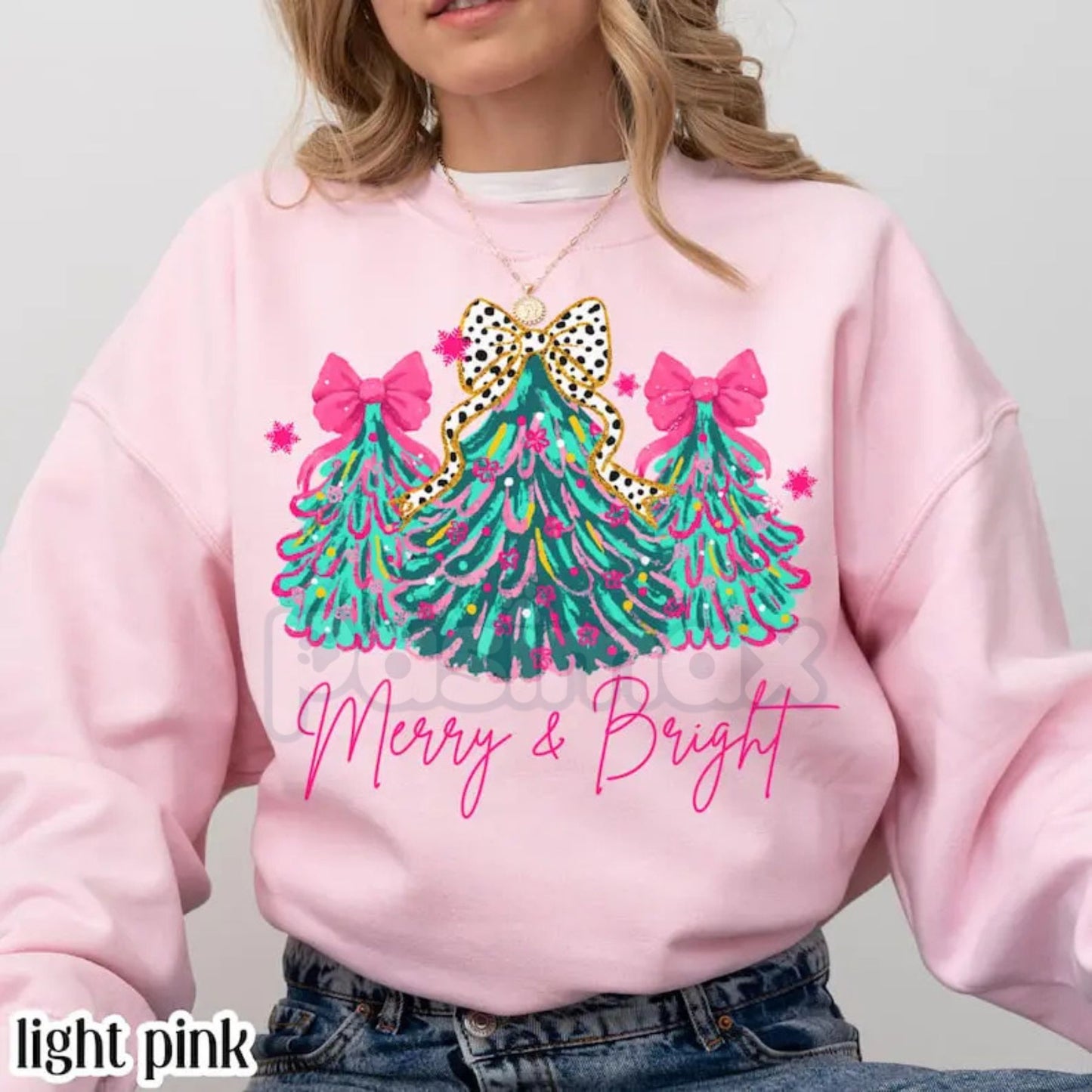 The Pink Christmas Aesthetic: "Merry & Bright" Tree Sweatshirt with Festive Lights & Bows