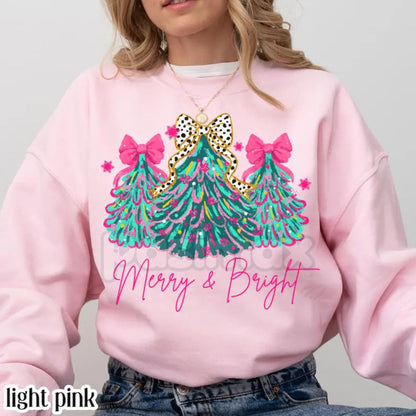 The Pink Christmas Aesthetic: "Merry & Bright" Tree Sweatshirt with Festive Lights & Bows