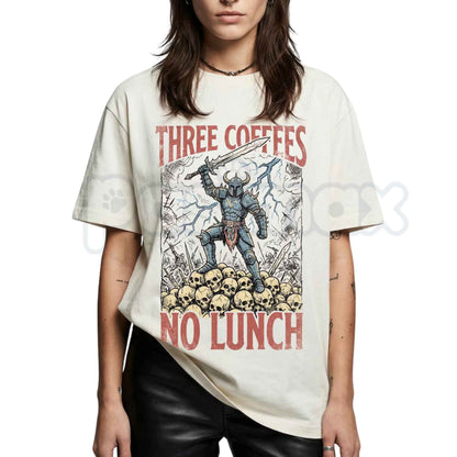 Comfort Colors® "Three Coffees No Lunch" T-Shirt – Funny Caffeine Dark Humor Graphic Tee, Sarcastic Work Unisex Top
