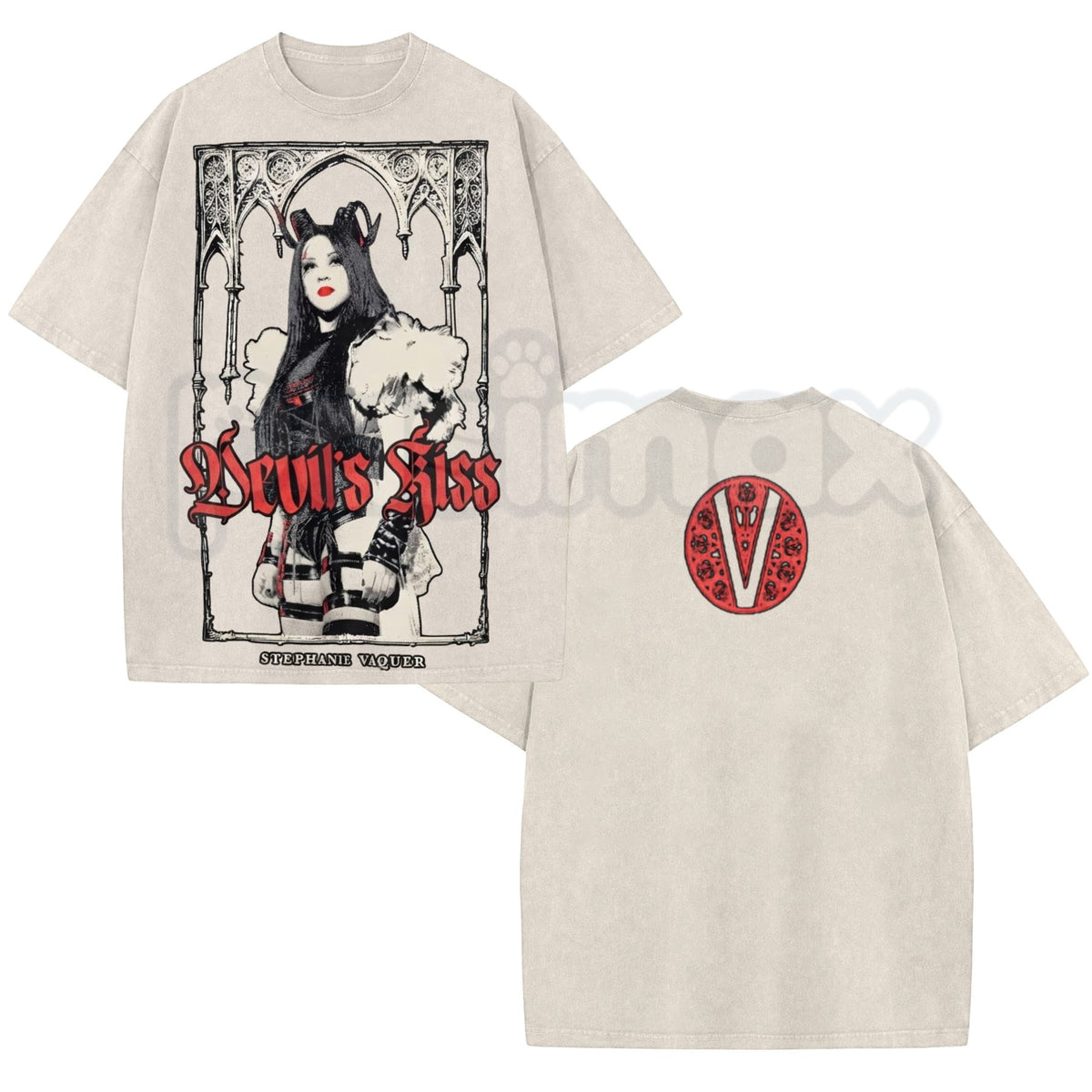 Ripple Junction Black Stephanie Vaquer Devil's Kiss Medieval Gothic Arch Graphic Washed T-Shirt – Retro Wrestling Shirt, Vintage Acid Wash Lightweight Cotton Unisex Top