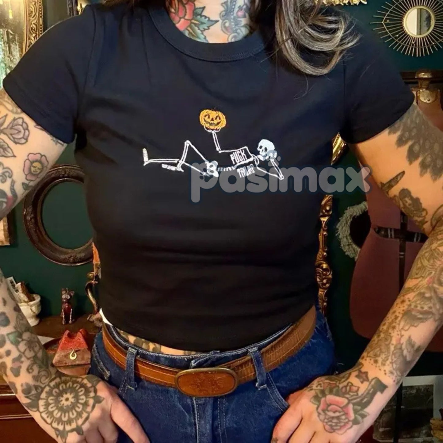 Pumpkin Spice and Political Spite – Embroidered Unisex Top, Funny Fall T-Shirt for Political Humor & Autumn Lovers