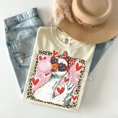 Comfort Colors® "Silly Goose in Love" T-Shirt – Leopard Heart Valentine Goose Tee, Aesthetic Animal Graphic Top, Trendy Coquette Goose Lover Shirt