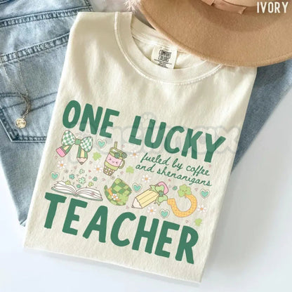 Comfort Colors® One Lucky Teacher St. Patrick's Day T-Shirt – "Fueled By Coffee and Shenanigans" Tee, Retro Shamrock Teacher Shirt, Lucky Educator Graphic Top