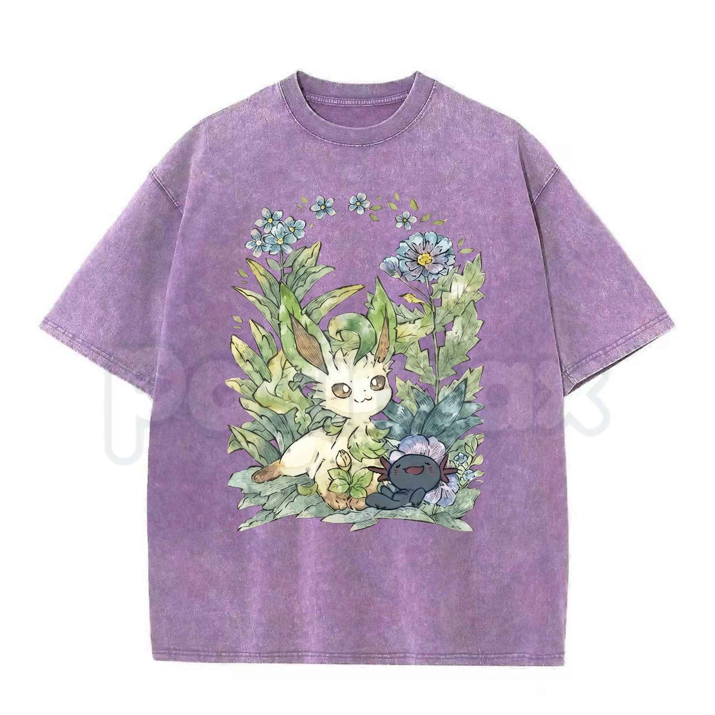 Leafeon & Wooper Garden Watercolor Floral Graphic T-Shirt – Retro Pokemon Cottagecore Botanical Tee, Vintage Washed Lightweight Cotton Unisex Top