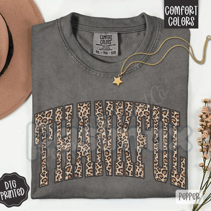 Comfort Colors® 'Thankful' Leopard Print Tee – Trendy Women's Fall Shirt, Vintage Thanksgiving Apparel