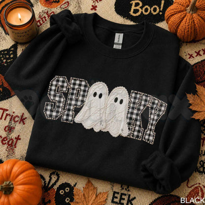 Faux Patchwork Spooky Ghost Sweatshirt | Cozy Halloween Graphic Top