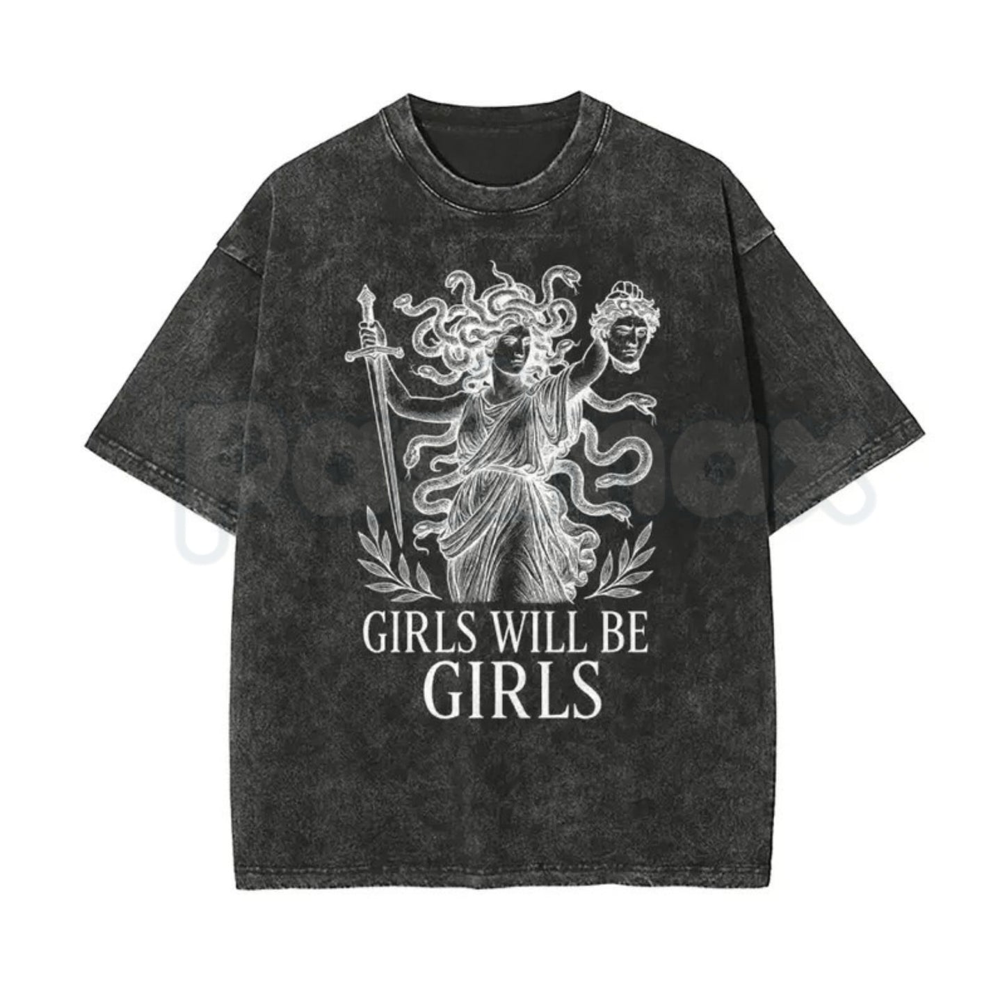 Girls Will Be Girls Medusa T-Shirt – Oversize Unisex Washed Graphic Tee, Lightweight Retro Greek Mythology Streetwear