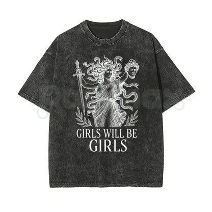 Girls Will Be Girls Medusa T-Shirt – Oversize Unisex Washed Graphic Tee, Lightweight Retro Greek Mythology Streetwear