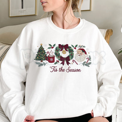 Christmas Gingham "Tis the Season" Embroidered Sweatshirt – Santa Wreath Tree Crewneck