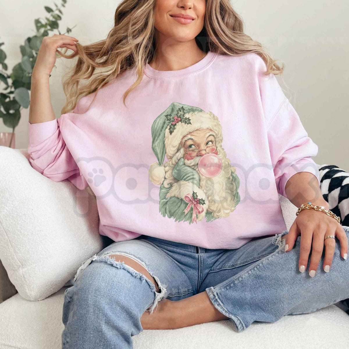 Pastel Bubblegum Santa Graphic Top | Retro Pink Christmas Crewneck