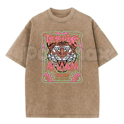 Wayii Fashion The Heavens Roaring Tiger T-Shirt – Unisex Acid Wash Vintage Graphic Tee, Lightweight Retro Cotton Streetwear Top
