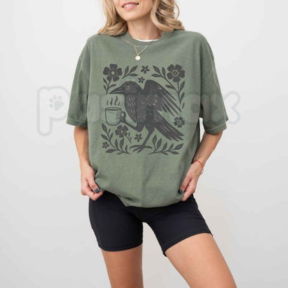 Comfort Colors® Raven Coffee Drinking Botanical Linocut T-Shirt – Gothic Nature Graphic Tee, Retro Block Print Unisex Top & Gift