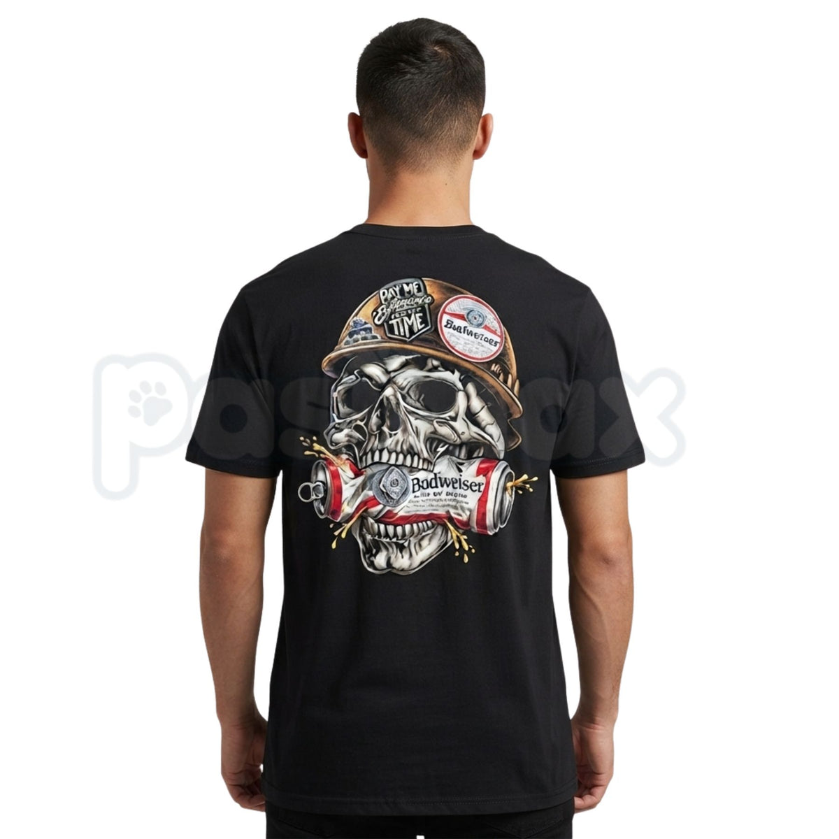Skull Hard Hat Beer Can Back Print T-Shirt – Blue Collar Biker Graphic Tee