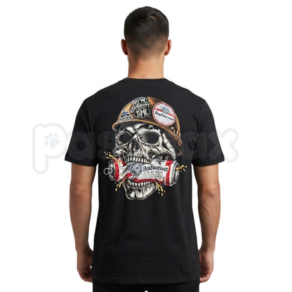 Skull Hard Hat Beer Can Back Print T-Shirt – Blue Collar Biker Graphic Tee