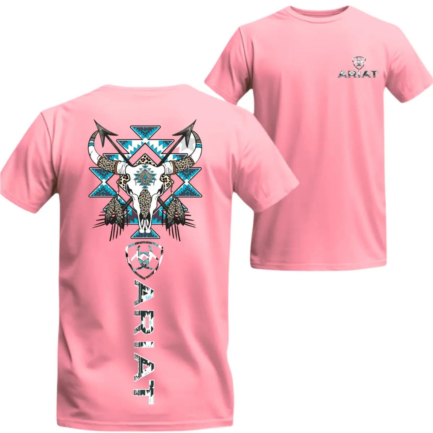 Ariat Western Bull Skull T-Shirt - Tribal Graphic with Turquoise Accents, Rodeo Style Gift Tee
