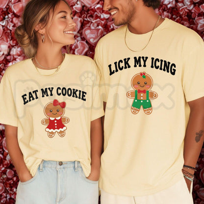 Comfort Colors® Eat My Cookie & Lick My Icing Matching Christmas Couple T-Shirts – Funny Inappropriate Gingerbread Graphic Tee, Holiday Unisex Top & Gift