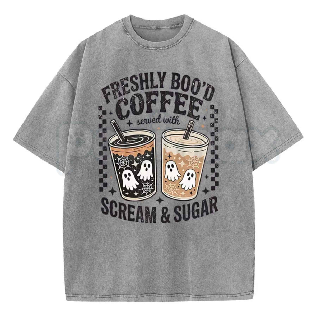 Funny Scream And Sugar Ghost Coffee Artwork Washed Shirt – Retro Horror Movie Parody Graphic Tee, Vintage Acid Wash Lightweight Cotton Unisex Top