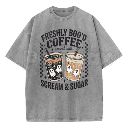 Funny Scream And Sugar Ghost Coffee Artwork Washed Shirt – Retro Horror Movie Parody Graphic Tee, Vintage Acid Wash Lightweight Cotton Unisex Top