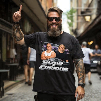 Slow & Curious Funny Parody Race Car Character Portrait Meme Graphic T-Shirt