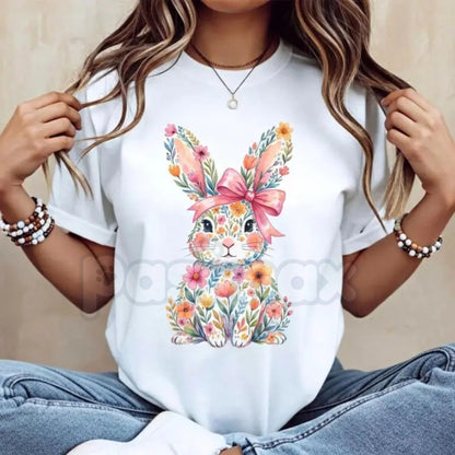 Easter Bunny with Pink Bow & Colorful Swirls T-Shirt - Vibrant Spring Floral Graphic Tee, Premium 100% Cotton Easter Holiday Top, Aesthetic Bunny Lover Gift, Colorful Artistic Swirls Shirt, Soft Lived-In Heavyweight Seasonal Apparel