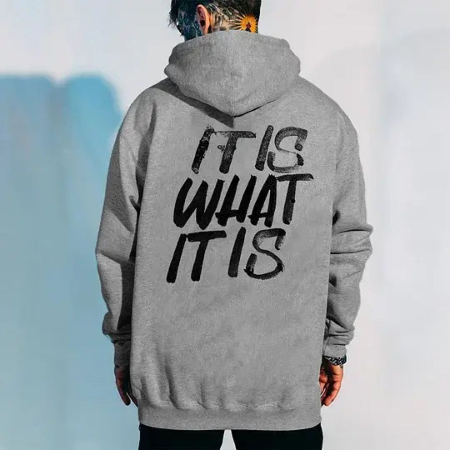 "It Is What It Is" Distressed Print Hoodie – Basic Men’s Casual Pullover, Laid-Back Vibe Streetwear