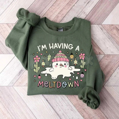 I'm Having A Meltdown Sweatshirt | Funny Snowman Pun Crewneck | Relatable Winter Humor Jumper | Sarcastic Melting Snowman Pullover | Winter Blues Graphic Shirt | Cute Chaotic Holiday Gift