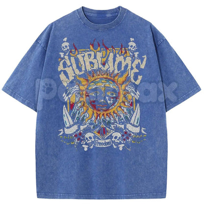 Sunland Oversized Sun Pattern T-Shirt – Acid Washed Unisex Celestial Graphic Tee, Lightweight Retro Cotton Streetwear Top