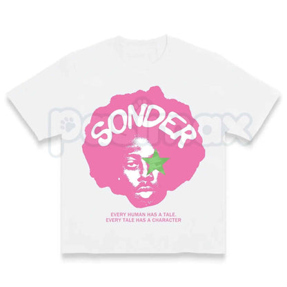 Bold Pink Sonder Lettering Geometric Print Rap Shirt – Modern Streetwear Graphic Tee, Minimalist Aesthetic Urban Unisex Hip Hop Fashion Shirt