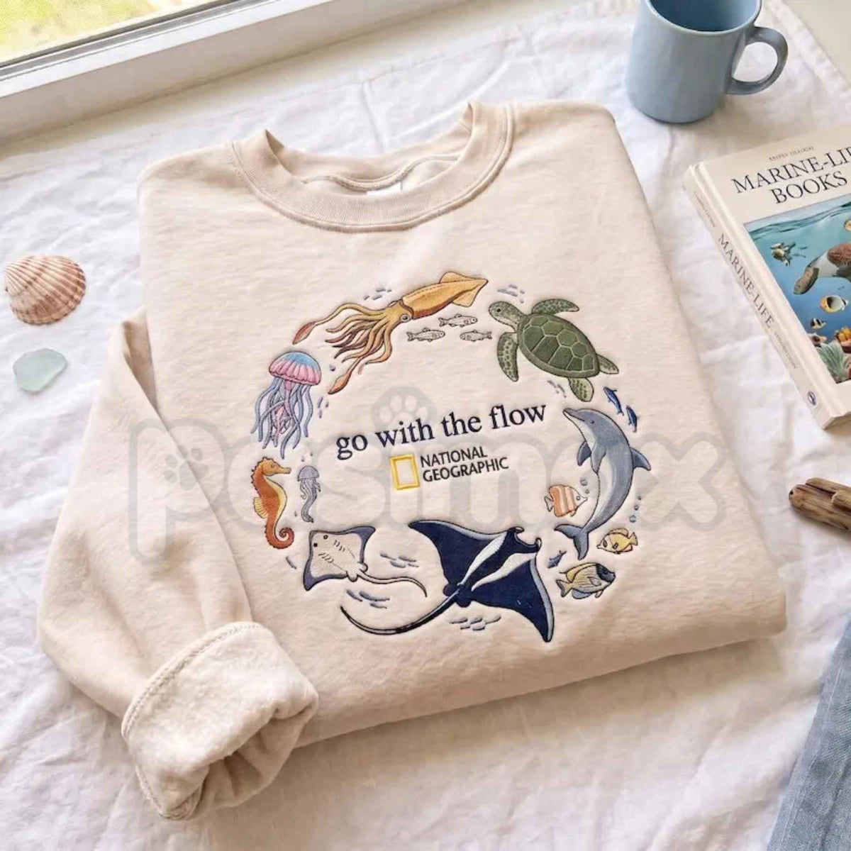 "Go With The Flow" Embroidered Sweatshirt – Marine Life Coastal Pullover