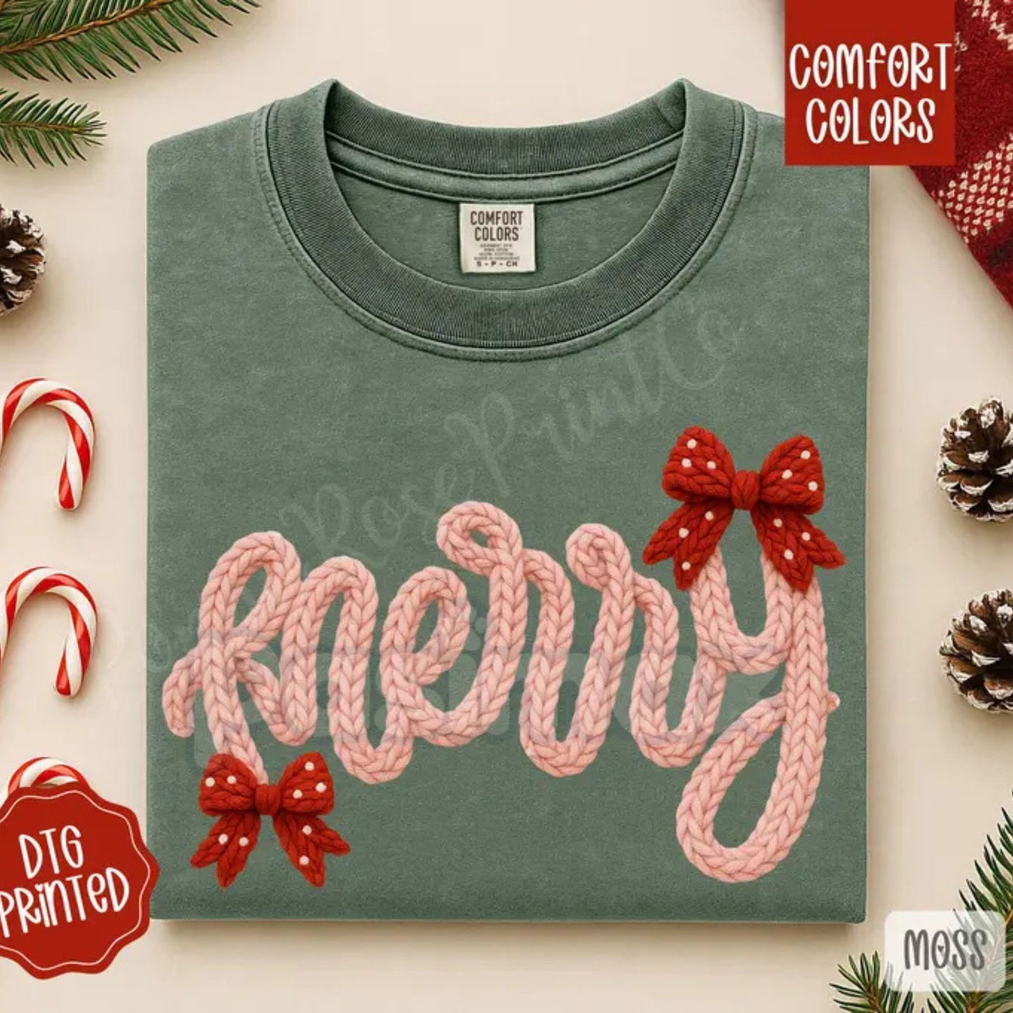 'Merry' Faux Knit Christmas Shirt – Comfort Colors® Vintage Sweater Look Tee, Cozy Holiday Graphic T-Shirt