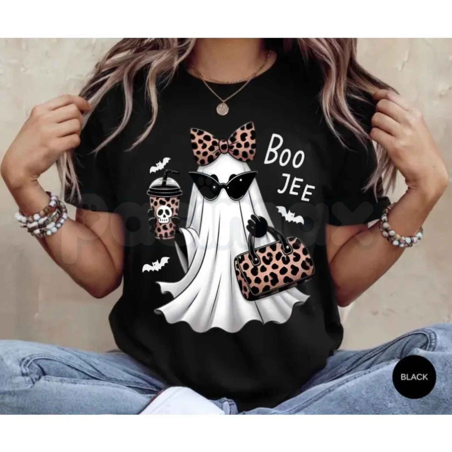Boo-Jee Ghost T-Shirt – Funny Leopard Ghost Coffee Fall Unisex Cotton Graphic Tee