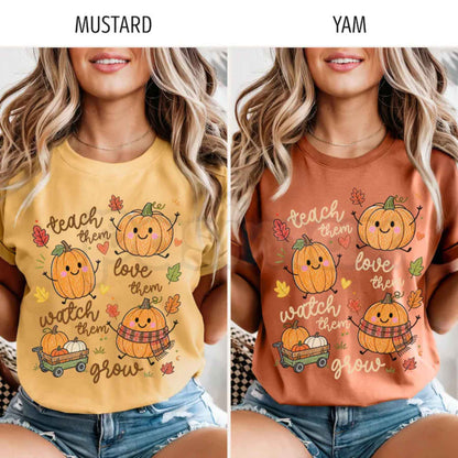 Comfort Colors® Fall Teacher T-Shirt – Retro Pumpkin "Teach Them" Graphic Tee, Autumn Educator Unisex Top & Gift