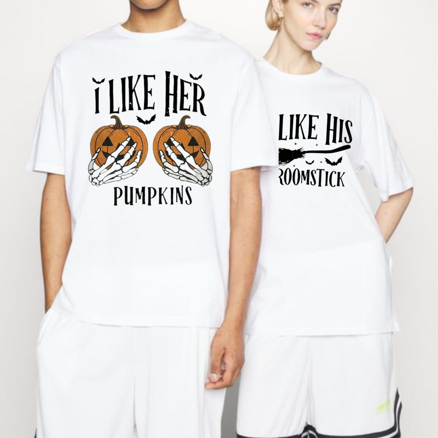 "I Like Her Pumpkins / I Like His Broomstick" T-Shirts - Funny Matching Couple Halloween Tees, Casual Spooky Style