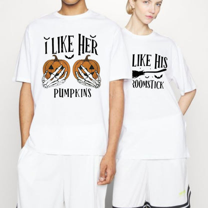 "I Like Her Pumpkins / I Like His Broomstick" T-Shirts - Funny Matching Couple Halloween Tees, Casual Spooky Style