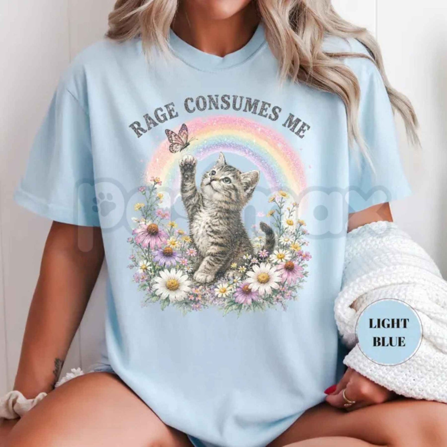 Comfort Colors® "Rage Consumes Me" Funny Cat T-Shirt – Retro Floral Kitten Rainbow Graphic Tee, Sarcastic Mental Health Unisex Top