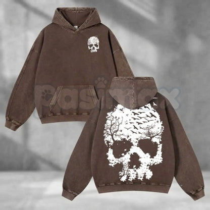 Vintage Washed Skull Print Oversized Hoodie – Distressed Skeleton Graphic Pullover, Minimal Dark Aesthetic Streetwear