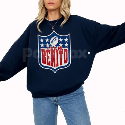Team Benito Sweatshirt | Retro Football Shield Graphic Crewneck | Bad Bunny Fan Apparel | Aesthetic Reggaeton Jumper | Vintage Varsity Sports Pullover | Puerto Rico Music Fan Gift