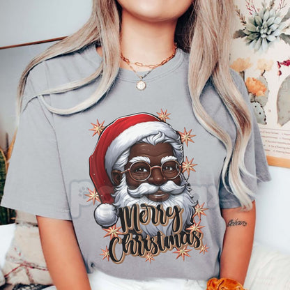 African American Santa Christmas Pajama T-Shirt - Black X-Mas Holiday Apparel, Inclusion Festive Tee, Unisex Family Photo Top