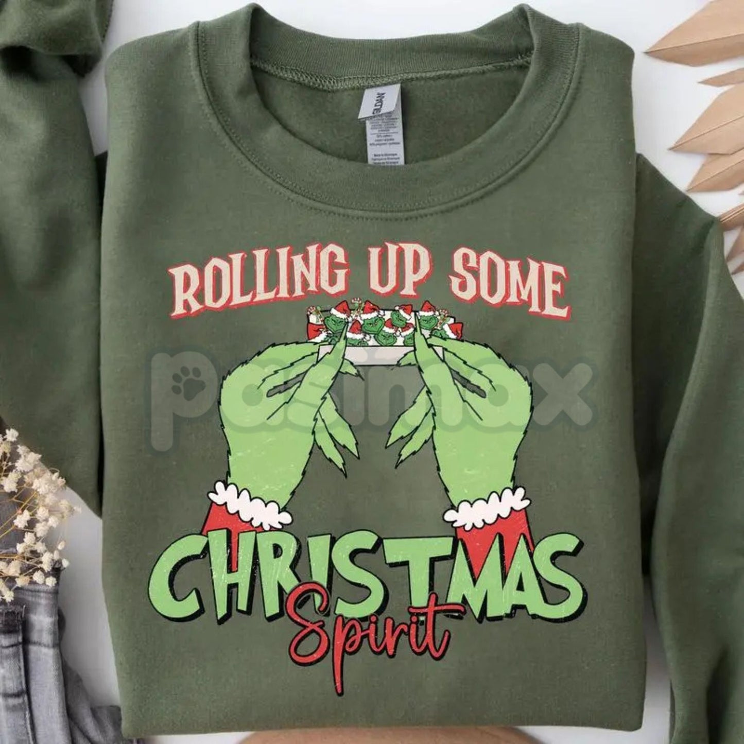 "Rolling Up Some Christmas Spirit" Sweatshirt | Funny Laid-Back Holiday Crewneck | Relaxed Xmas Jumper