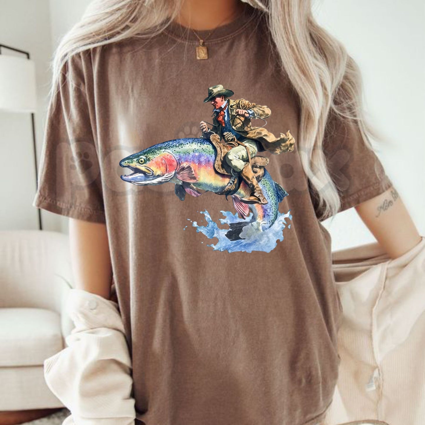 Comfort Colors® "Giddy Up, Rainbow!" Trout Rodeo T-Shirt – Funny Western Fishing Graphic Tee, Aesthetic Rainbow Trout Cowboy Hat Shirt, Retro Angler Gift