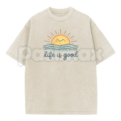 Life is Good Vintage Washed T-Shirt – Retro Crew Neck Graphic Tee, Positive Vibes Lightweight Cotton Top, Sincere Inspirational Streetwear