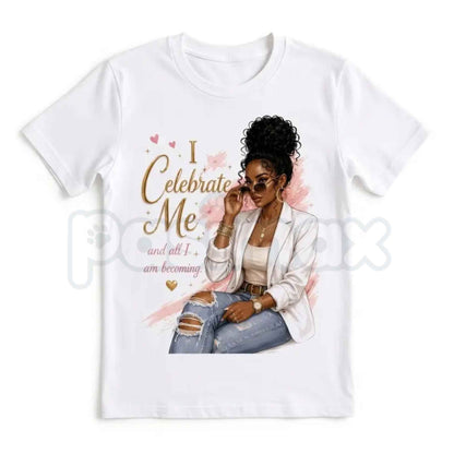 I Celebrate Me T-Shirt – Metallic Gold Typography Self-Love Inspiration Unisex Cotton Tee