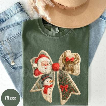 Comfort Colors® 'Cozy Knit Bows' T-Shirt – Rustic Christmas Sweater Graphic, Holiday Ribbon Aesthetic Tee, Vintage Festive Comfort