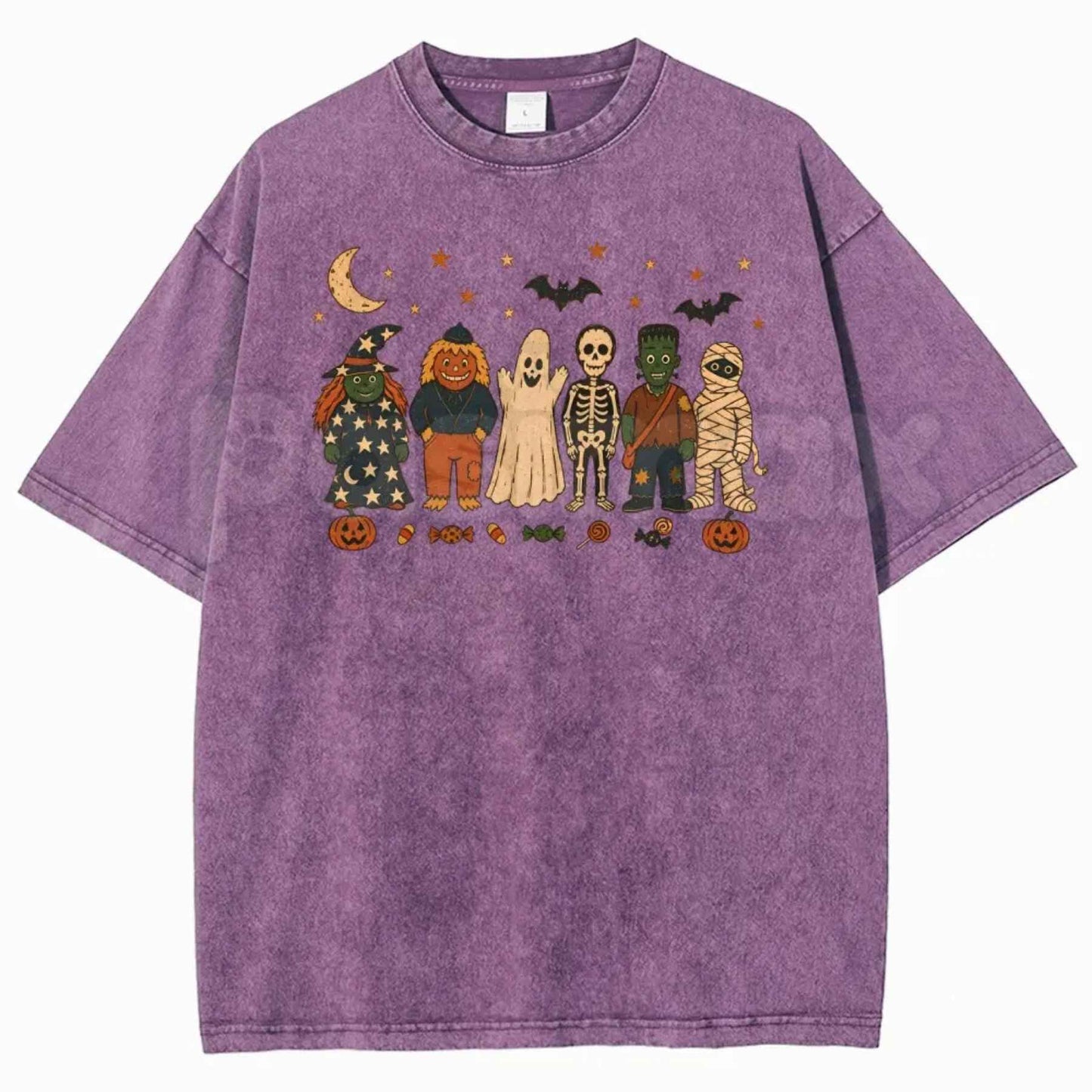 Unisex Witches, Pumpkin Scarecrows, Ghosts, Skeletons Halloween Graphic Washed T-Shirt – Retro Spooky Season Acid Wash Lightweight Cotton Tee
