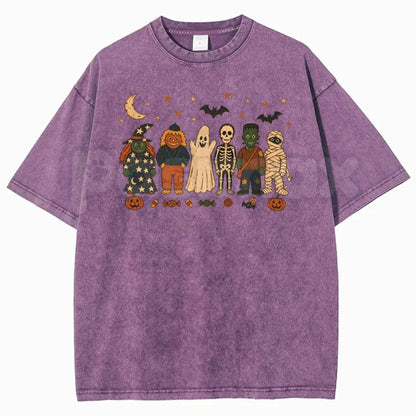 Unisex Witches, Pumpkin Scarecrows, Ghosts, Skeletons Halloween Graphic Washed T-Shirt – Retro Spooky Season Acid Wash Lightweight Cotton Tee