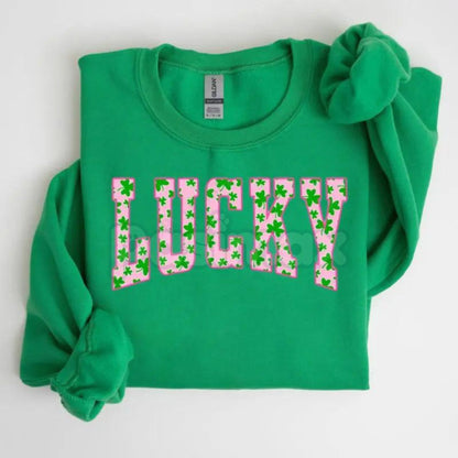 Lucky Clover Sweatshirt | Green Shamrock Design | St Patrick's Day Aesthetic Crewneck | Minimalist Lucky Shirt for Women | Retro Irish Shamrock Graphic Jumper | Shamrock Pullover
