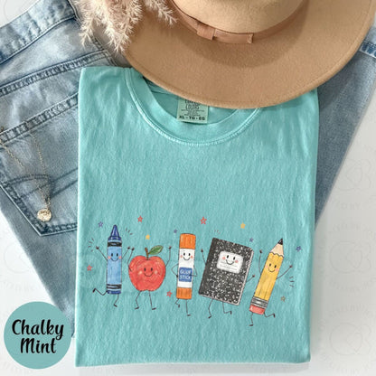 Comfort Colors® Vintage Back To School T-Shirt – Retro School Supplies Cartoon Graphic Tee, Aesthetic Kindergarten Teacher Crewneck First Day Of School Top