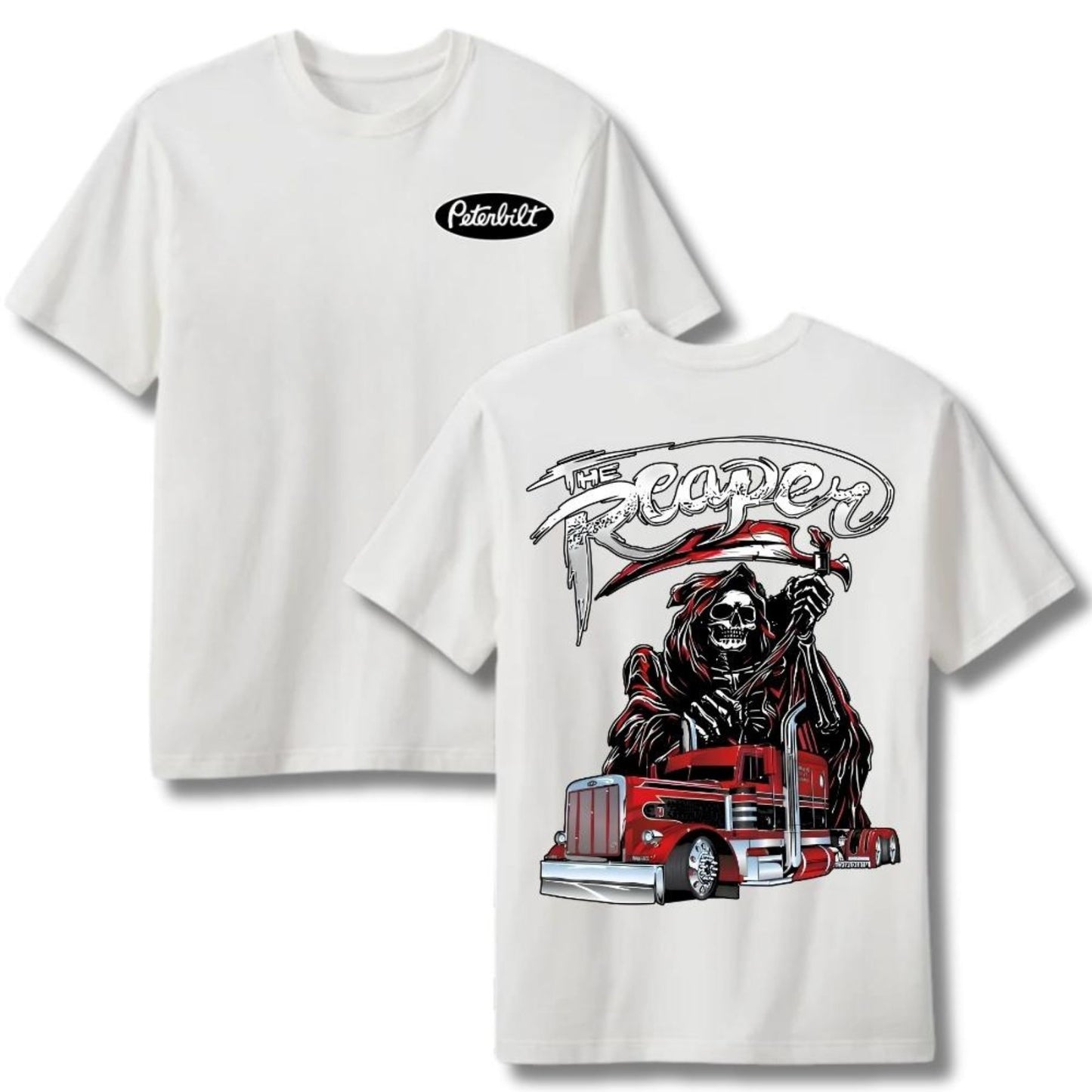 The Reaper Peterbilt Truck T-Shirt - Two-Sided Red Skull Graphic, Patriotic USA Trucker Tee